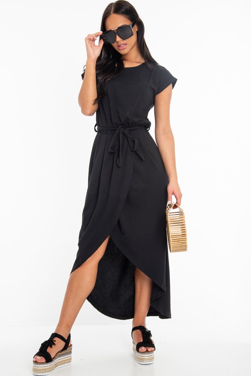 Black Scoop Neck Belted Wrap Maxi Dress - Allie-Dresses