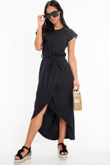 Black Scoop Neck Belted Wrap Maxi Dress - Allie-Dresses