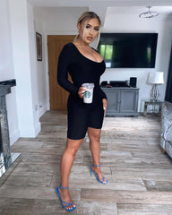 Black Scoop Neck Long Sleeve Unitard - Esme-Playsuits