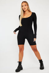 Black Scoop Neck Long Sleeve Unitard - Esme-Playsuits