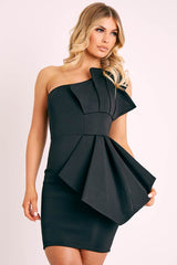 Black Scuba One Shoulder Pleated Bodycon Dress - Pollie-Dresses