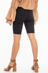 Black Seam Front Raw Hem Denim Cycle Shorts - Kayli-Shorts