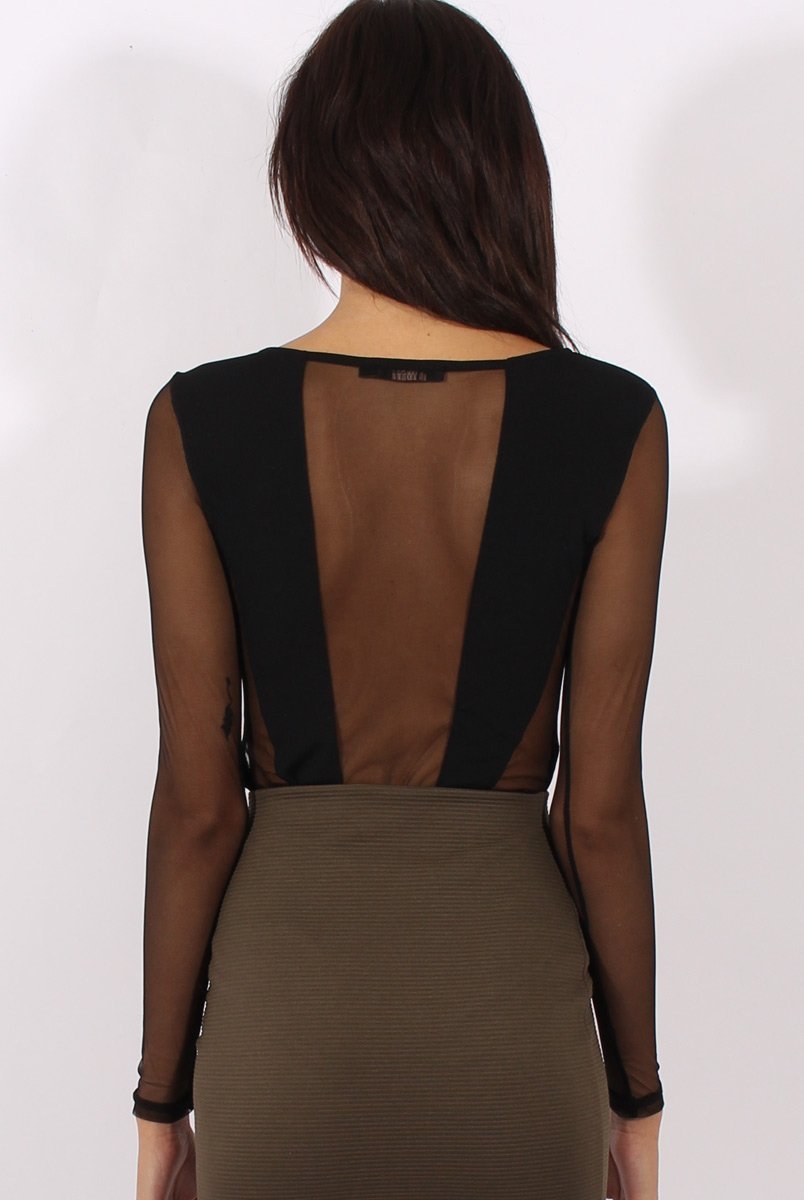 Black Semi Sheer Bodysuit - Svana-Bodysuits
