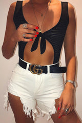 Black Semi-Sheer Stripe Cut Out Bodysuit - Roslin-Bodysuits