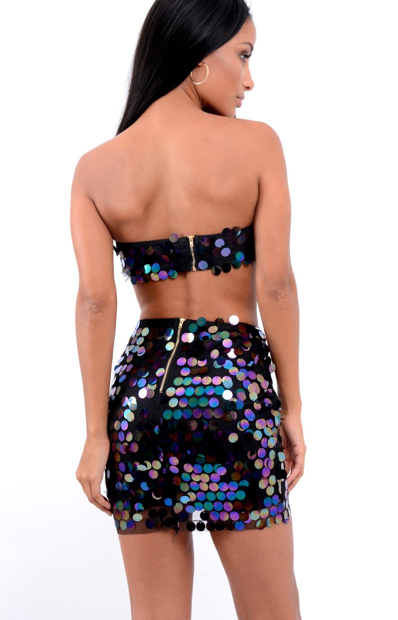 Black Sequin Boob Tube and Skirt Co ord - Lilia-Skirts