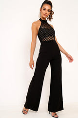Black Sequin Caged Halterneck Bodysuit - Aanvi-Bodysuits