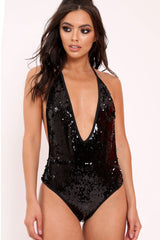 Black Sequin Deep Plunge Halterneck Swimsuit - Katniss-Swimsuits