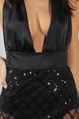 Black Sequin Diamond Plunge Halter Tie Dress - Misti-Dresses