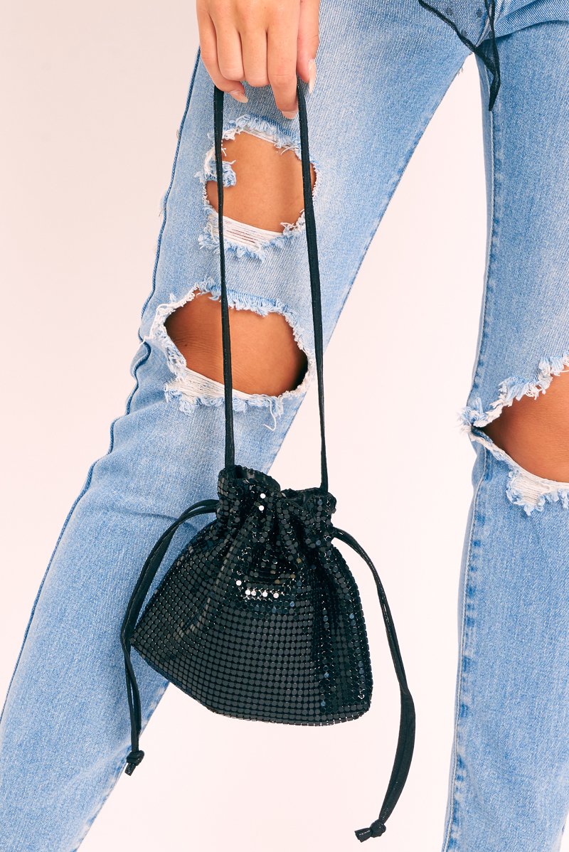 Black Sequin Drawstring Shoulder Strap Bag - Vada-Bags
