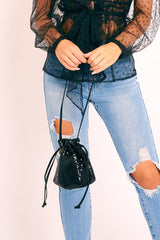 Black Sequin Drawstring Shoulder Strap Bag - Vada-Bags