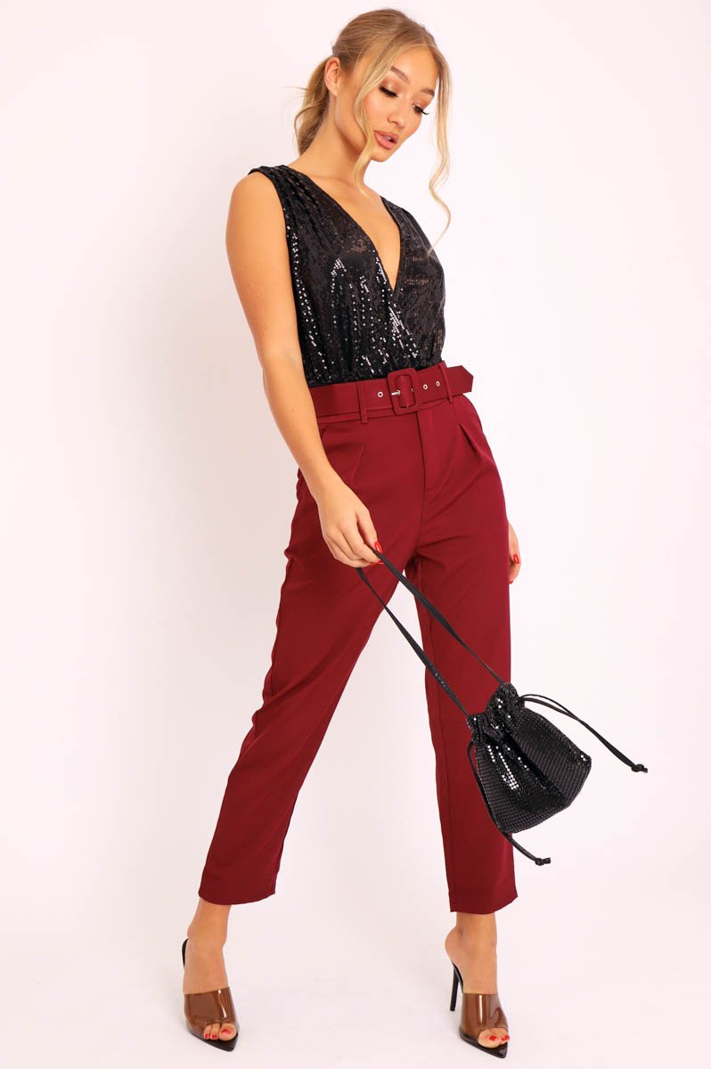 Black Sequin Embellished Extreme Plunge Bodysuit - Yamila-Bodysuits