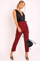 Black Sequin Embellished Extreme Plunge Bodysuit - Yamila-Bodysuits