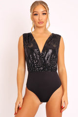 Black Sequin Embellished Extreme Plunge Bodysuit - Yamila-Bodysuits