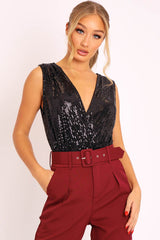 Black Sequin Embellished Extreme Plunge Bodysuit - Yamila-Bodysuits