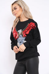 Black Sequin Embellished Rock Eagle Slogan Sweatshirt - Zaria-Sweatshirts