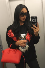 Black Sequin Embellished Rock Eagle Slogan Sweatshirt - Zaria-Sweatshirts