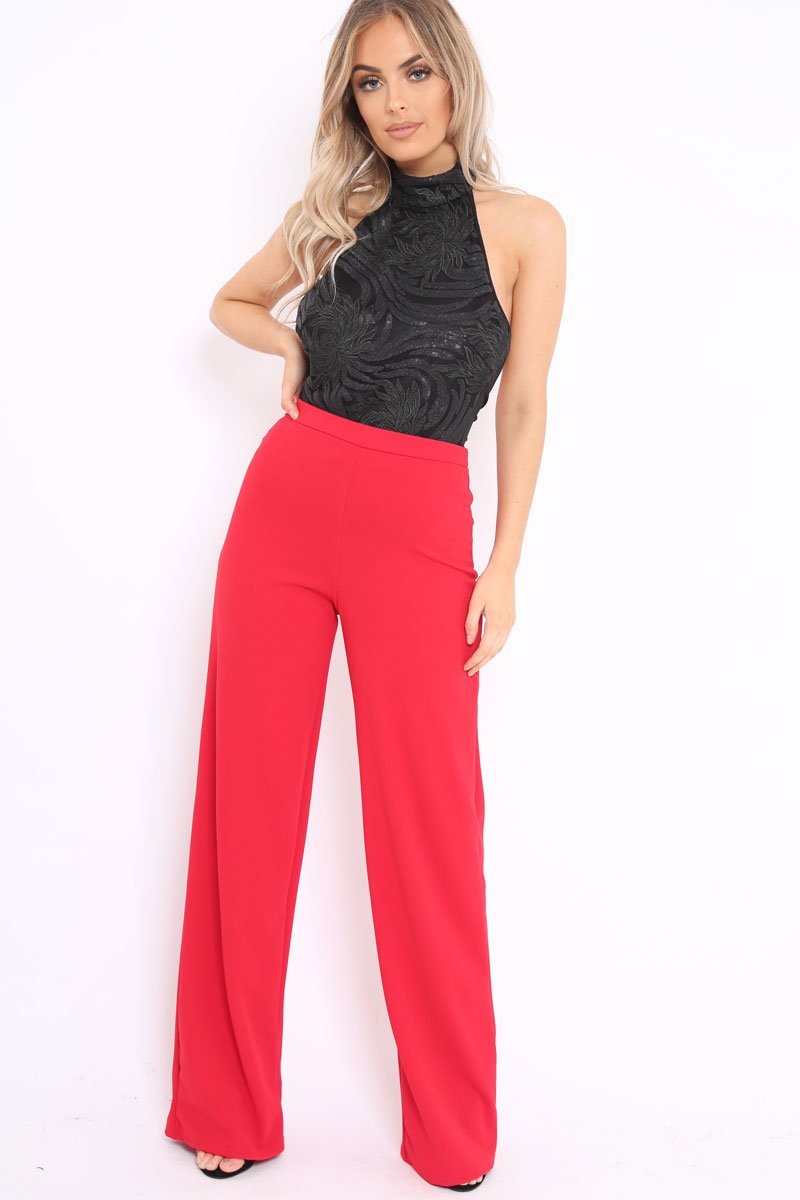 Black Sequin Embroidered Halter Neck Bodysuit - Marci-Bodysuits