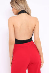 Black Sequin Embroidered Halter Neck Bodysuit - Marci-Bodysuits