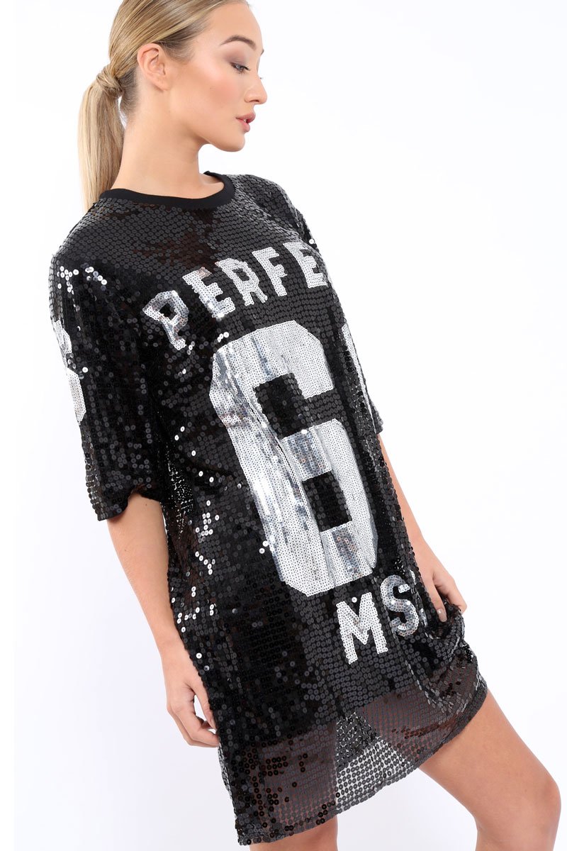Black Sequin Miss Perfect 61 Tshirt Dress - Ysabelle-Dresses