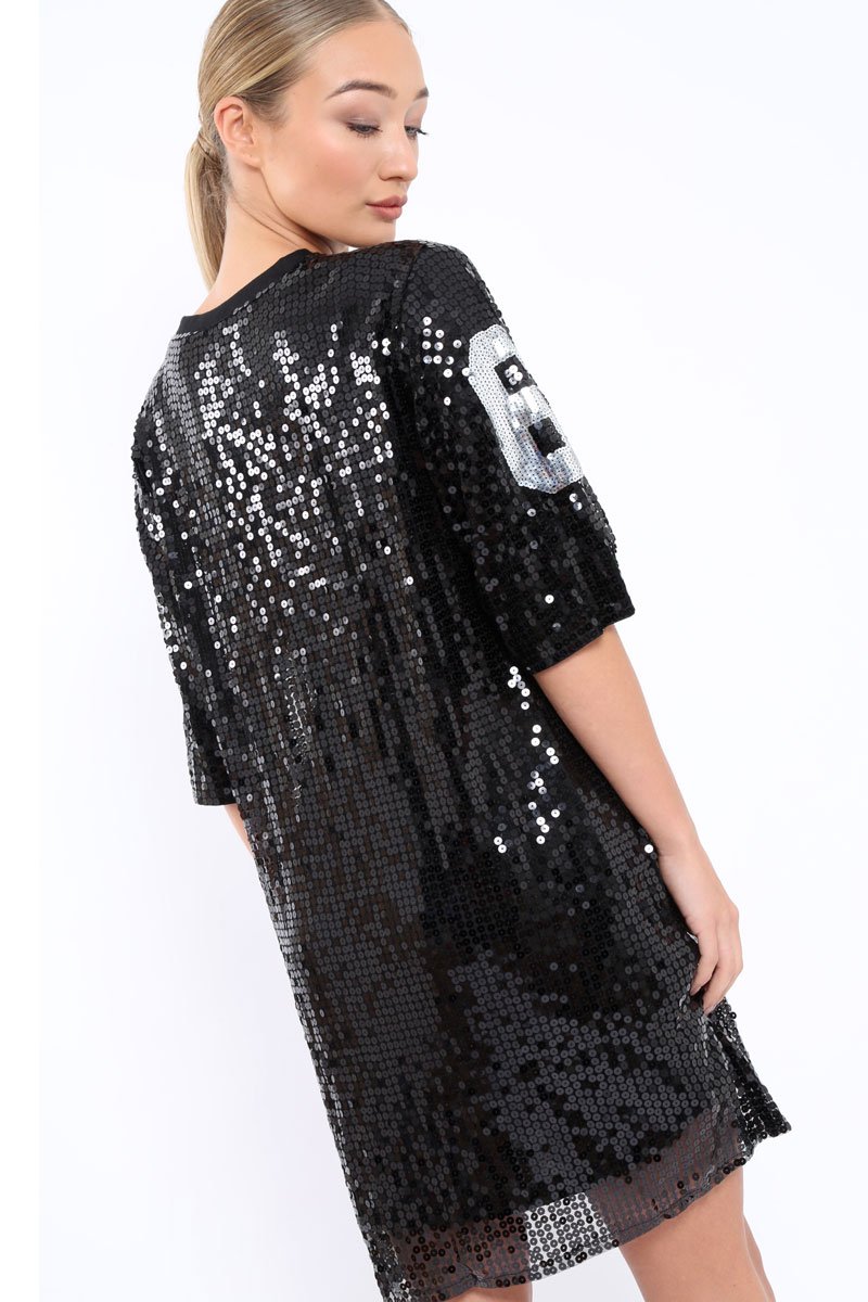 black sequin t shirt dress Black Sequin Mini T-Shirt Dress