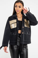 Black Sequin Pocket Button Denim Jacket - Celeste-Jackets