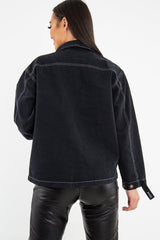 Black Sequin Pocket Button Denim Jacket - Celeste-Jackets