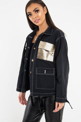 Black Sequin Pocket Button Denim Jacket - Celeste-Jackets