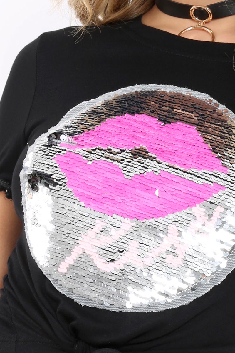 Black Sequin Tie Knot T-Shirt - Grace-Tops