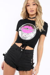 Black Sequin Tie Knot T-Shirt - Grace-Tops