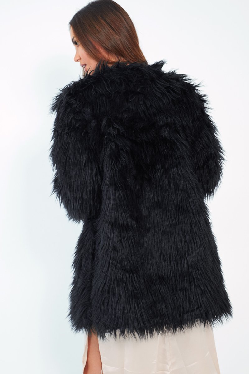 Black Shaggy Faux Fur Coat - Evalina-Coats
