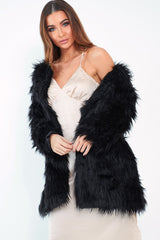 Black Shaggy Faux Fur Coat - Evalina-Coats