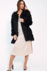 Black Shaggy Faux Fur Coat - Evalina-Coats