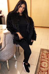 Black Shaggy Faux Fur Coat - Evalina-Coats