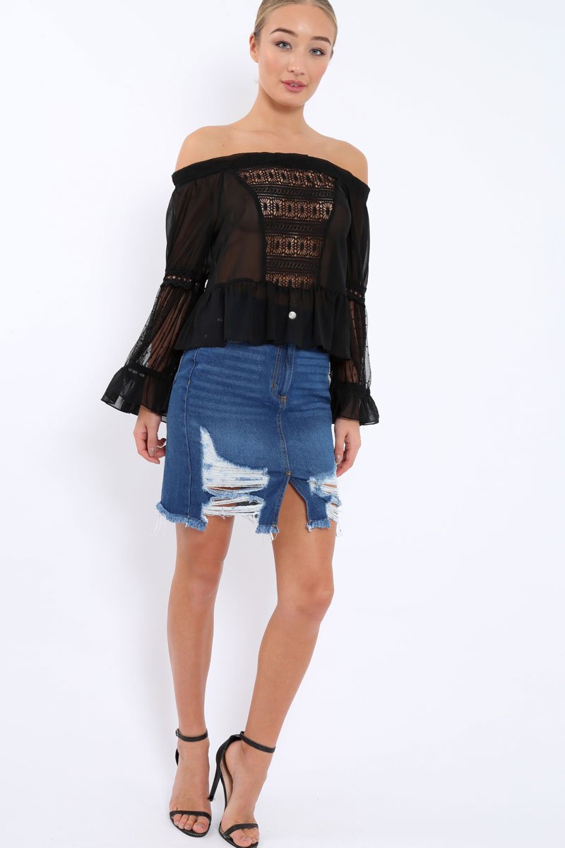 Black Sheer Bardot Blouse - Rosey-Tops