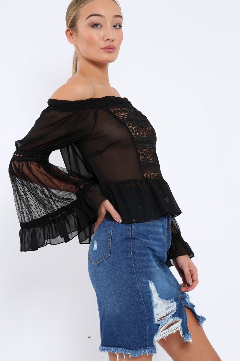 Black Sheer Bardot Blouse - Rosey-Tops