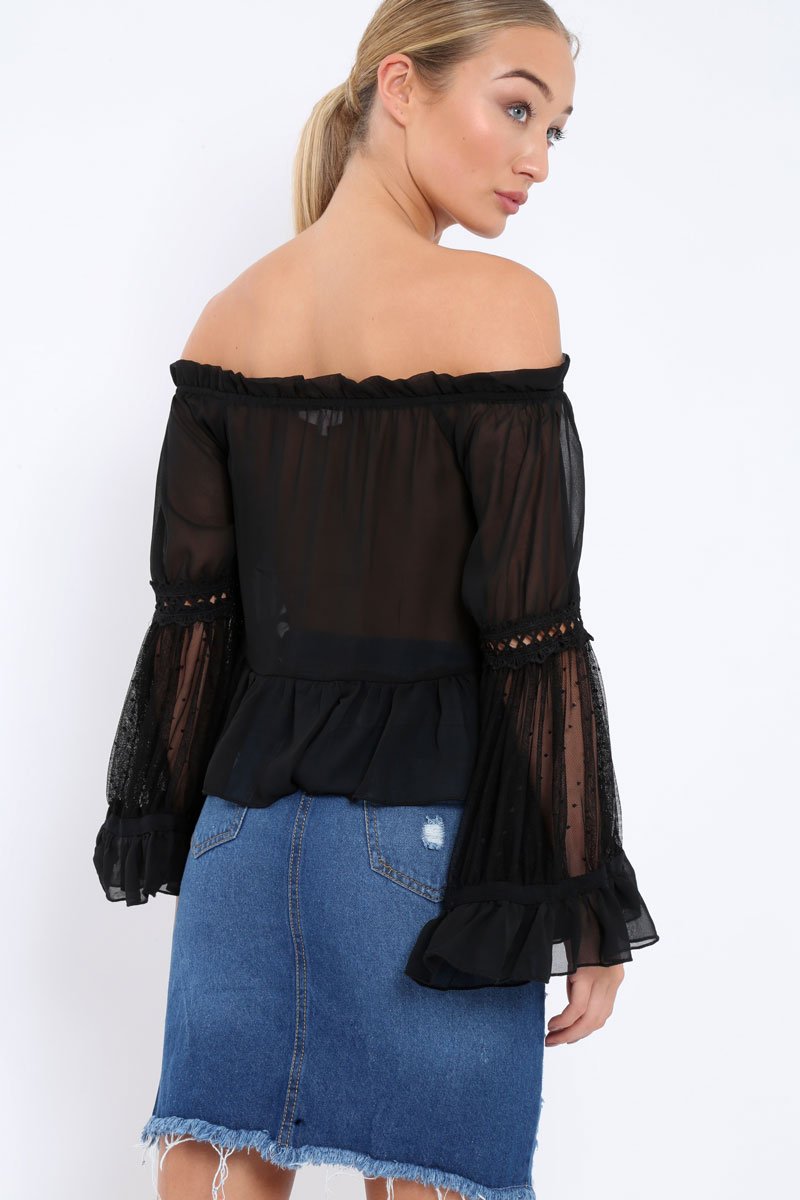 Black Sheer Bardot Blouse - Rosey-Tops