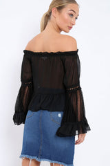 Black Sheer Bardot Blouse - Rosey-Tops