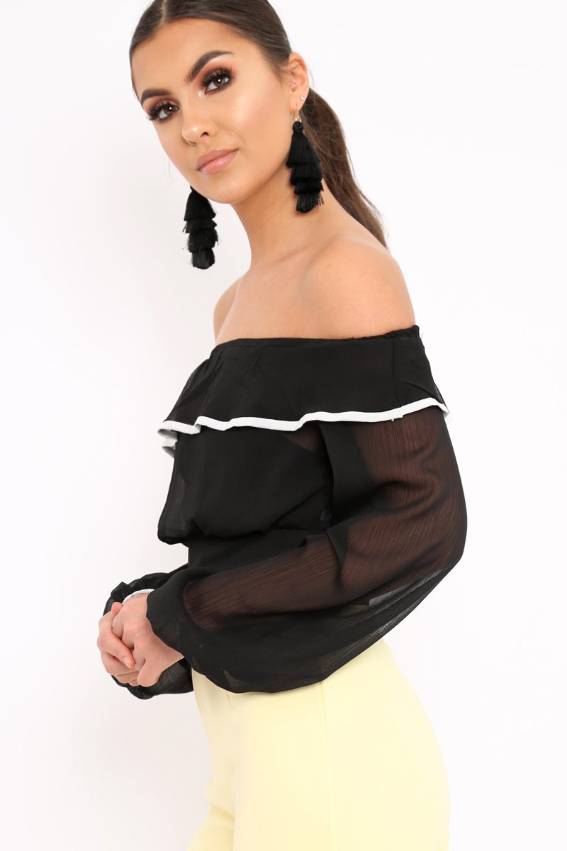 Black Sheer Bardot Crop Top - Pia-Crop Tops