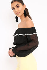 Black Sheer Bardot Crop Top - Pia-Crop Tops