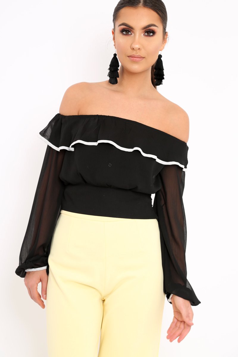 Black Sheer Bardot Crop Top - Pia-Crop Tops