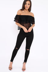 Black Sheer Bardot Polka Dot Top - Daina-Tops