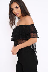 Black Sheer Bardot Polka Dot Top - Daina-Tops