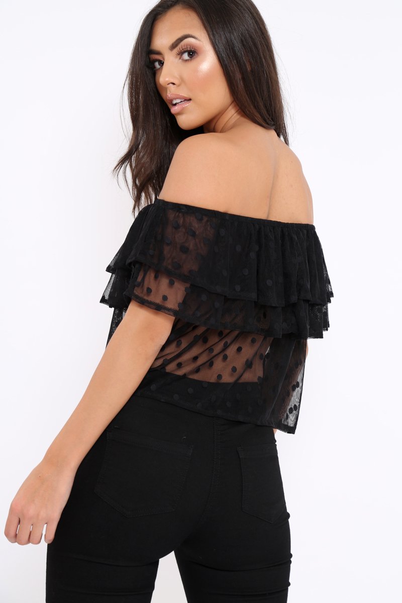 Black Sheer Bardot Polka Dot Top - Daina-Tops