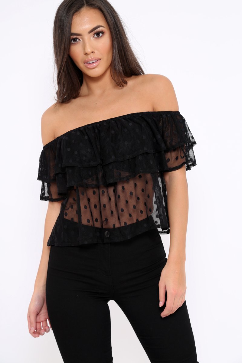 Black Sheer Bardot Polka Dot Top - Daina-Tops