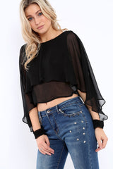 Black Sheer Batwing Frill Layer Top - Pip-Tops