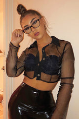 Black Sheer Button Front Crop Blouse - Damari-Tops