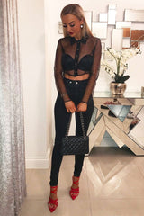 Black Sheer Button Front Crop Blouse - Damari-Tops