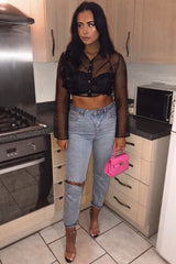 Black Sheer Button Front Crop Blouse - Damari-Tops