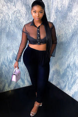 Black Sheer Button Front Crop Blouse - Damari-Tops