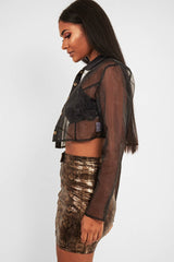 Black Sheer Button Front Crop Blouse - Damari-Tops